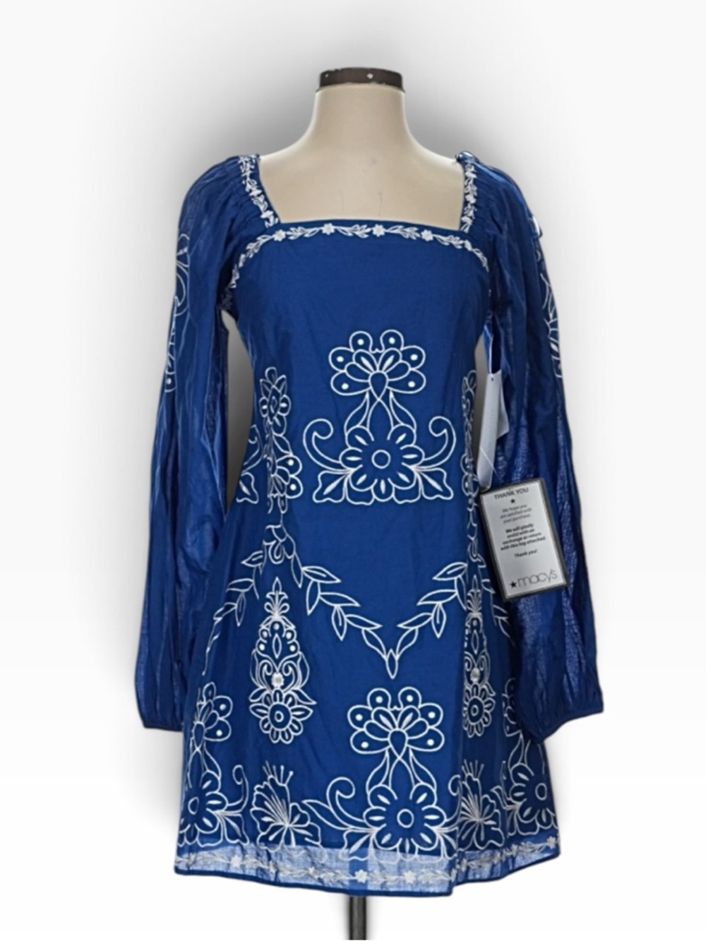 Adrianna by Adrianna Papell Blue Embroidered Cotton Mini Dress Square Neck NWT 4